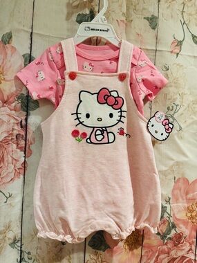 Hello Kitty Baby Girl Clothes 2 Pc Set Romper Overall Pink Flowers 12 Months NWT